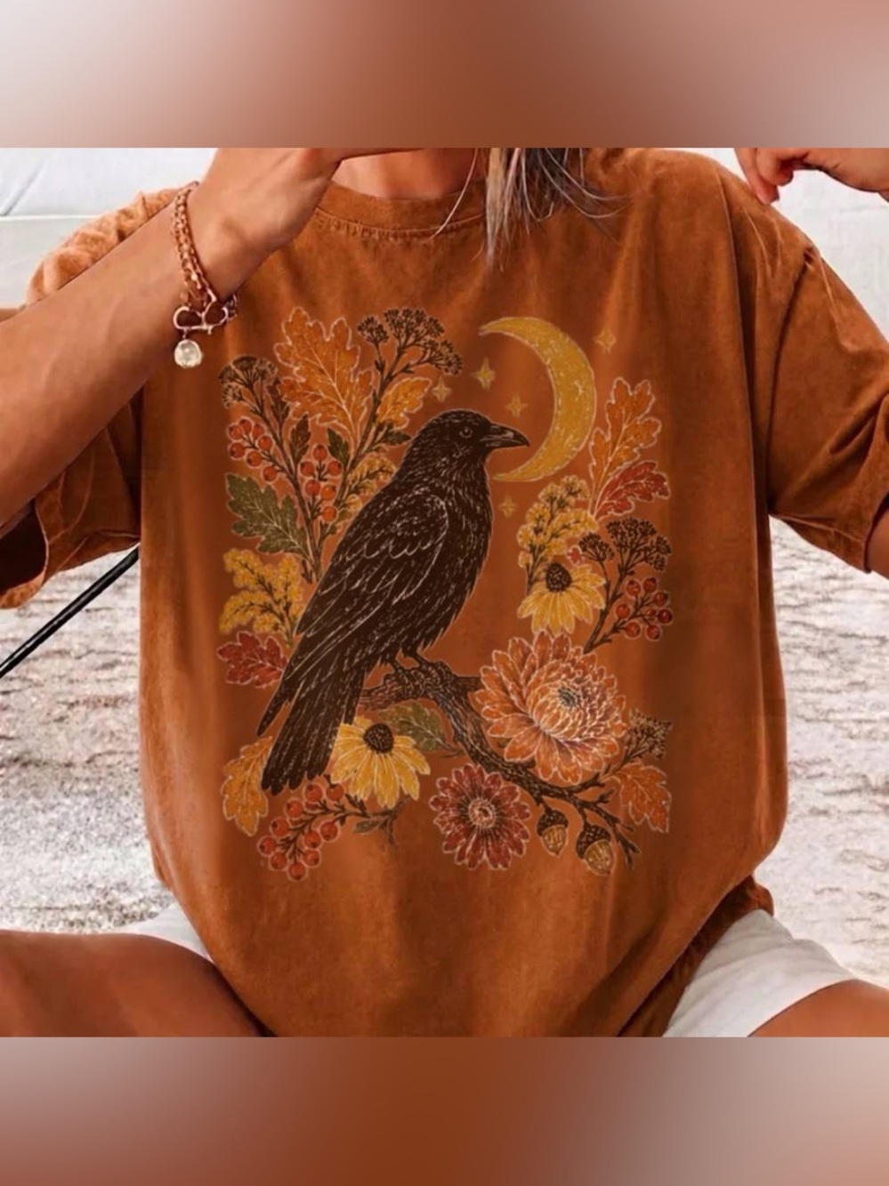 Celestial Crow Fall T shirt, Autumn Flora graphic tee, Witchy fall tee